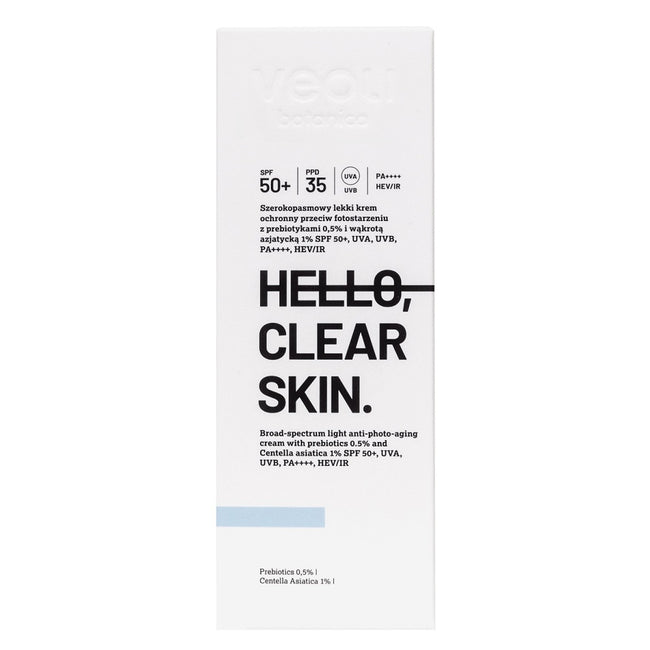 Veoli Botanica Hello Clear Skin szerokopasmowy lekki krem ochronny przeciw fotostarzeniu z prebiotykami 0.5% i wąkrotą azjatycką 1% SPF50+ 50ml