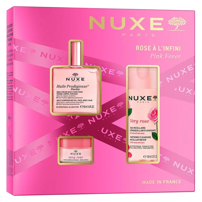 Nuxe Pink Fever zestaw suchy olejek regenerujący 50ml + łagodząca woda micelarna 3w1 100ml + różany balsam do ust 15g