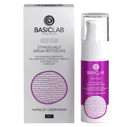 BasicLab Esteticus stymulujące serum peptydowe na noc 25% kompleksu peptydów 10% kompleksu czynników wzrostu egzosomy CICA i mikroigły Napięcie i Ujędrnienie 30ml