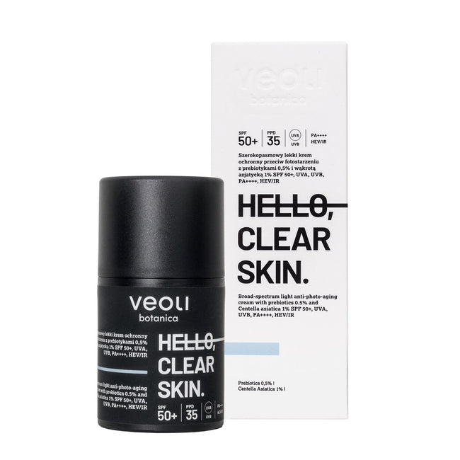 Veoli Botanica Hello Clear Skin szerokopasmowy lekki krem ochronny przeciw fotostarzeniu z prebiotykami 0.5% i wąkrotą azjatycką 1% SPF50+ 50ml