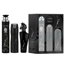 Lattafa Maahir Black Edition zestaw woda perfumowana spray 100ml + dezodorant spray 200ml + odświeżacz powietrza 300ml