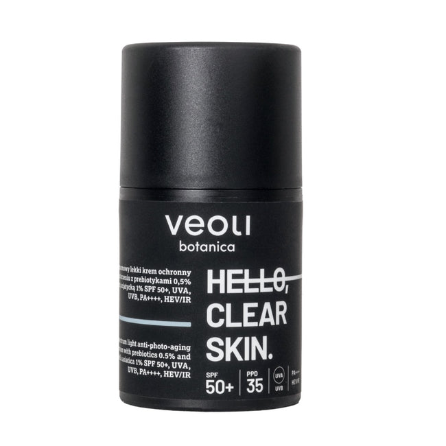 Veoli Botanica Hello Clear Skin szerokopasmowy lekki krem ochronny przeciw fotostarzeniu z prebiotykami 0.5% i wąkrotą azjatycką 1% SPF50+ 50ml