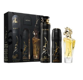 Lattafa Maahir zestaw woda perfumowana spray 100ml + dezodorant spray 200ml + odświeżacz powietrza 300ml