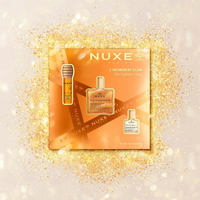 Nuxe The Infinite Glow zestaw miodowy olejek do ust 10ml + suchy olejek z drobinkami 50ml + suchy olejek 10ml