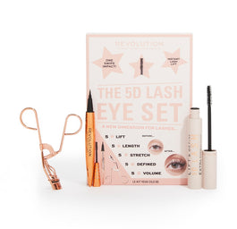 Makeup Revolution The 5D Lash Eye Set zestaw Lift & Define 5D Lash Mascara tusz do rzęs + Renaissance Flick eyeliner w pisaku + Rose Gold Eyelash Curlers zalotka do rzęs