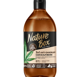 Nature Box For Men Hemp Oil 3in1 przeciwłupieżowy szampon z formułą 3w1 do włosów skóry głowy i brody 385ml