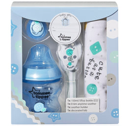 Tommee Tippee Baby Gifts zestaw butelka 150ml + smoczek do butelki 0m + smoczek Any Time 0-6m + śliniak + zawieszka do smoczka