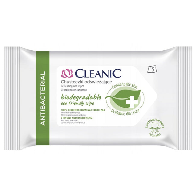 CLEANIC Antibacterial biodegradowalne chusteczki odświeżające z płynem antybakteryjnym 15szt.