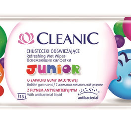 CLEANIC Junior chusteczki odświeżające dla dzieci z płynem antybakteryjnym Guma Balonowa 15szt.