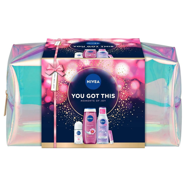 Nivea You Got This zestaw żel pod prysznic 250ml + kojący płyn micelarny 200ml + antyperspirant roll-on 50ml + pielęgnująca pomadka do ust 4.8g