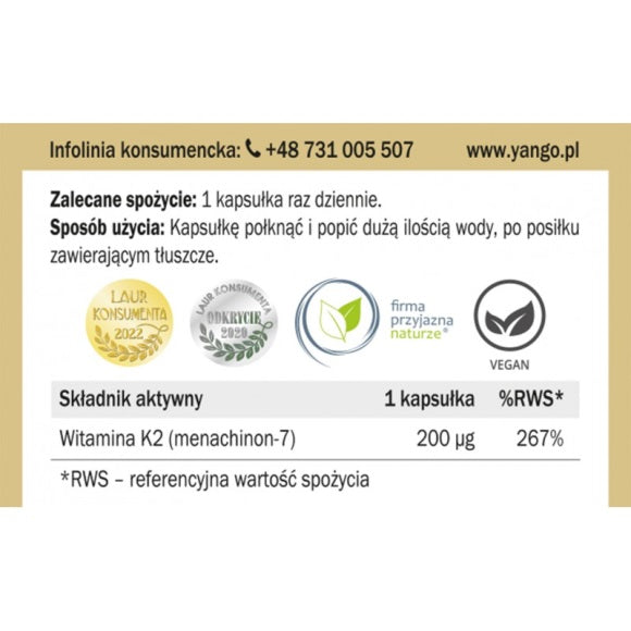 Yango Witamina K2 MK-7 suplement diety 90 kapsułek