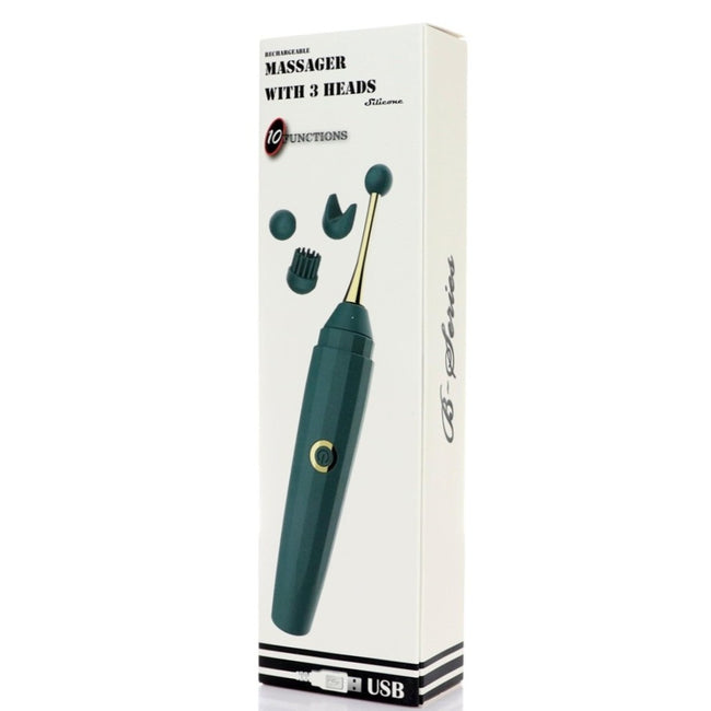 B-Series Magic Massager With 3 Heads stymulator z trzema zamiennymi końcówkami Green