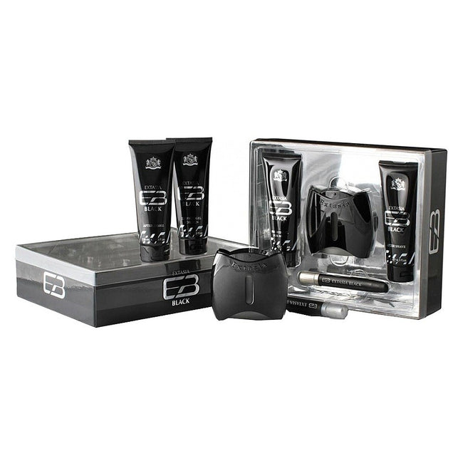 New Brand Extasia Black zestaw woda toaletowa spray 100ml + balsam po goleniu 130ml + żel pod prysznic 130ml + woda toaletowa spray 15ml