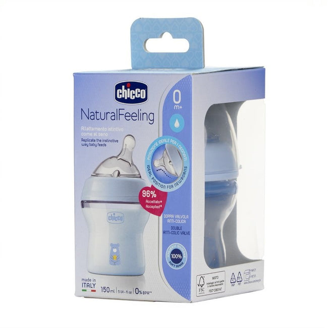 Chicco NaturalFeeling butelka plastikowa ze smoczkiem silikonowym przepływ wolny 0m+ Niebieska 150ml
