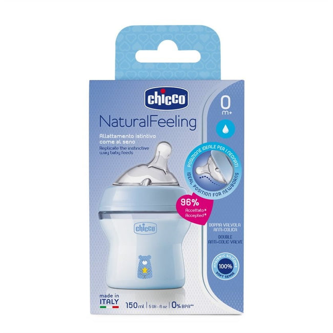 Chicco NaturalFeeling butelka plastikowa ze smoczkiem silikonowym przepływ wolny 0m+ Niebieska 150ml