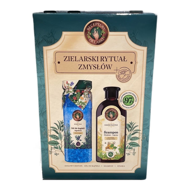 Receptury Zielarki Zielarski Rytuał Zmysłów zestaw szampon Miodowo-Lipowy do każdego rodzaju włosów 350ml + sól do kąpieli Jagoda 700g + opaska do włosów z kokardą 1szt