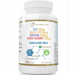 Progress Labs Modulator Homocysteiny Witamina B6 P-5-P B7 Biotyna B9 Aktywny Kwas Foliowy B12 Metylokobalamina suplement diety 120 kapsułek