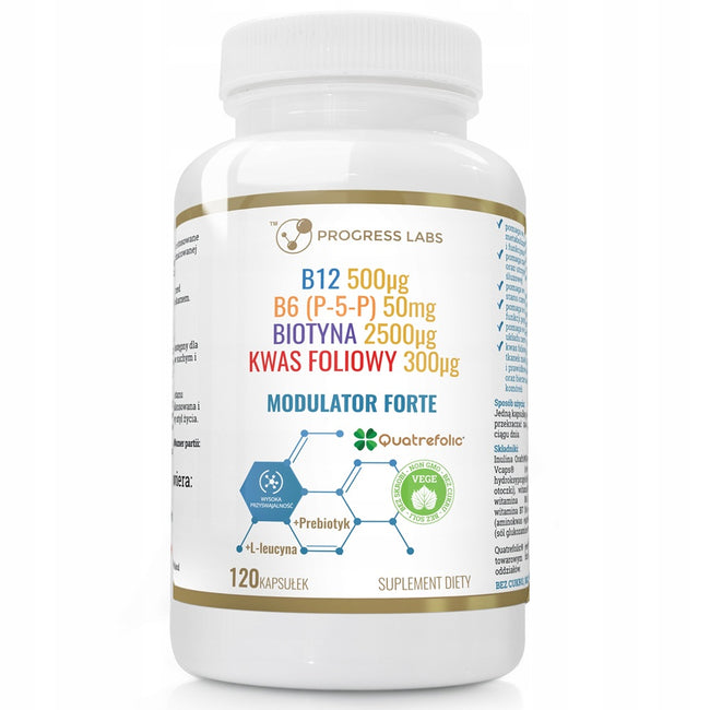 Progress Labs Modulator Homocysteiny Witamina B6 P-5-P B7 Biotyna B9 Aktywny Kwas Foliowy B12 Metylokobalamina suplement diety 120 kapsułek