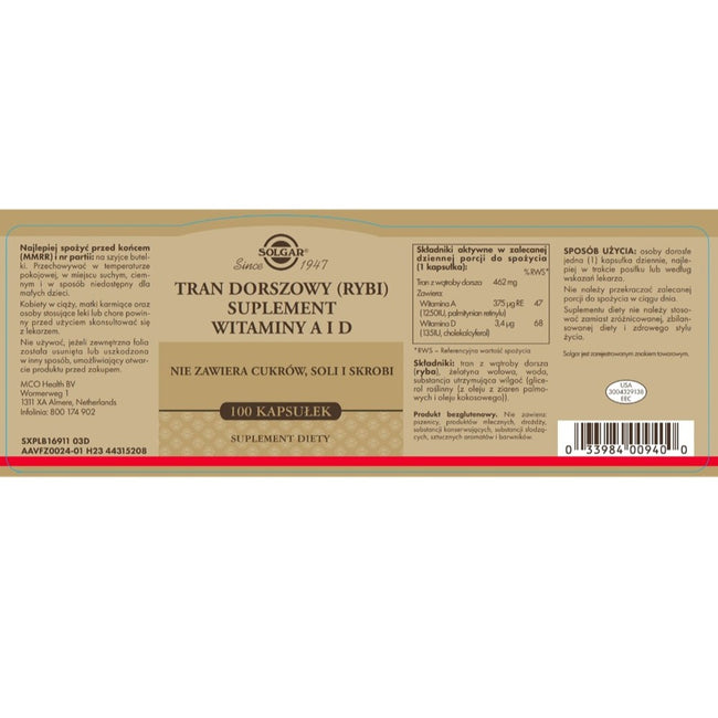 Solgar Tran Dorszowy suplement diety 100 kapsułek