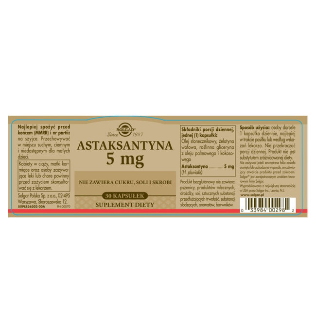 Solgar Astaksantyna 5mg suplement diety 30 kapsułek