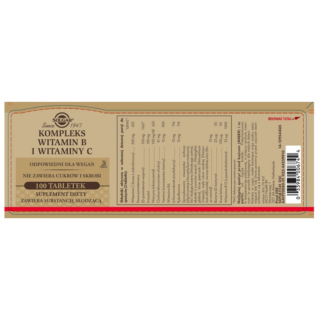 Solgar Kompleks witamin B i witaminy C suplement diety 100 tabletek