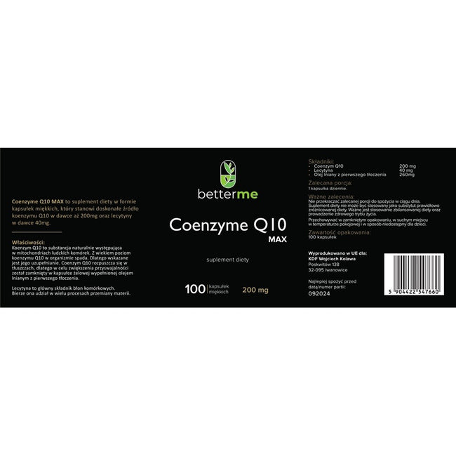 BetterMe Coenzyme Q10 MAX 200mg w oleju lnianym suplement diety 100 kapsułek