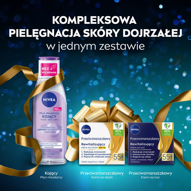 Nivea Beauty Care zestaw rewitalizujący krem na dzień SPF15 55+ 50ml + rewitalizujący krem na noc 55+ 50ml + kojący płyn micelarny 200ml