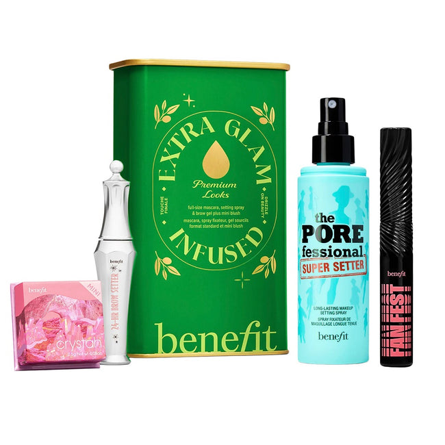 Benefit Extra Glam Infused zestaw tusz do rzęs 8.5g + spray utrwalający makijaż 30ml + żel do brwi 7ml + różowo-truskawkowy róż do policzków 2.5g