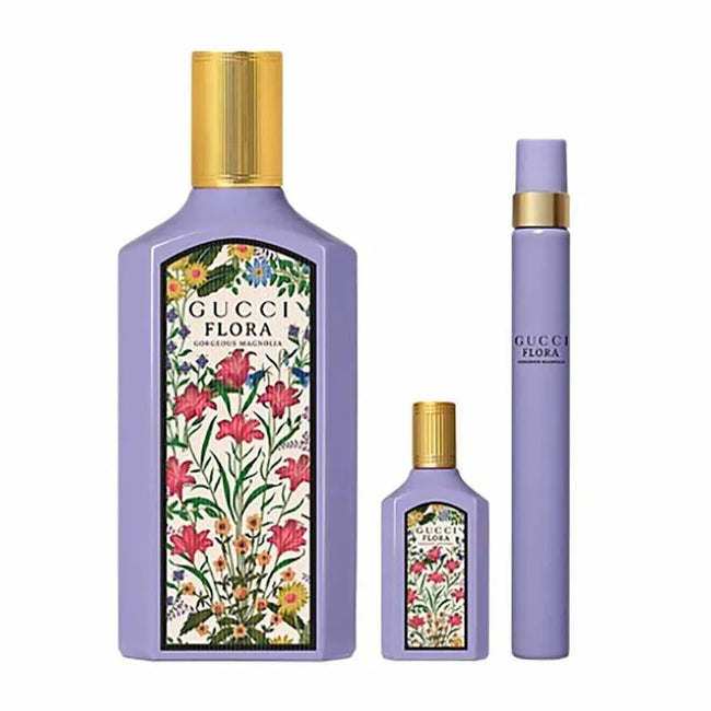 Gucci Flora Gorgeous Magnolia zestaw woda perfumowana spray 100ml + woda perfumowana spray 10ml + miniatura wody perfumowanej 5ml