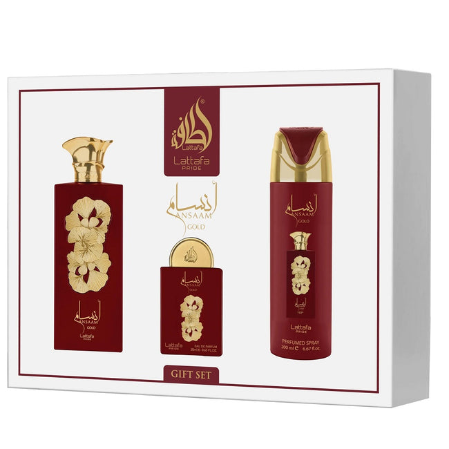 Lattafa Ansaam Gold zestaw woda perfumowana spray 100ml + woda perfumowana spray 20ml + dezodorant spray 200ml