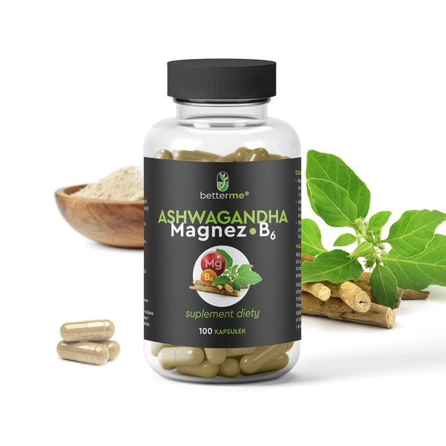 BetterMe Ashwagandha Magnez B6 suplement diety na zmęczenie i stres 100 kapsułek