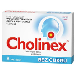 Cholinex Pastylki bez cukru do stosowania w stanach zapalnych gardła jamy ustnej i dziąseł 8szt.