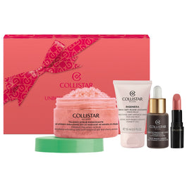 Collistar Unbox Your Uniqueness zestaw pomadka do ust 102 1.2ml + krople samoopalające do twarzy 10ml + przeciwzmarszczkowy krem wygładzający 15ml + ujędrniający peeling do ciała 70g