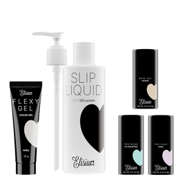 Elisium FexyGel zestaw startowy do hybryd Pro Bond + Miracle Base Gel + FlexyGel Milky & Slip Liquid + Top Coat Shiny