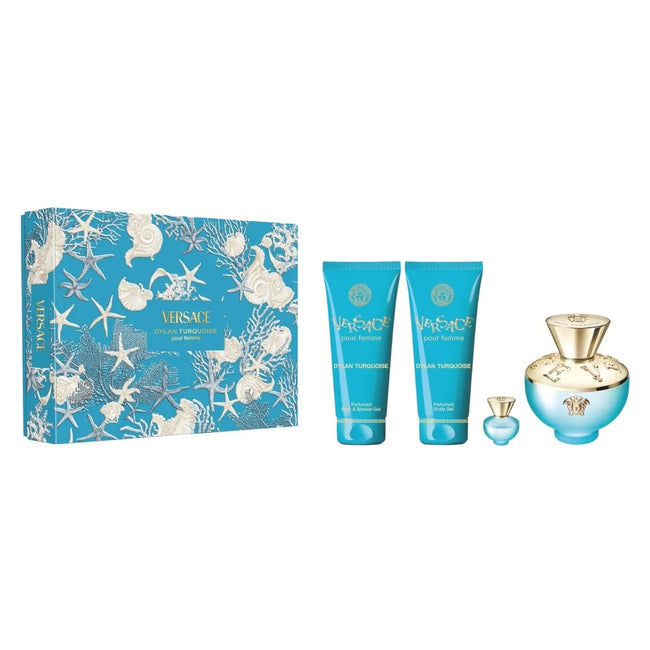 Versace Dylan Turquoise zestaw woda toaletowa spray 100ml + żel pod prysznic 100ml + perfumowany żel do ciała 100ml + miniatura wody toaletowej 5ml