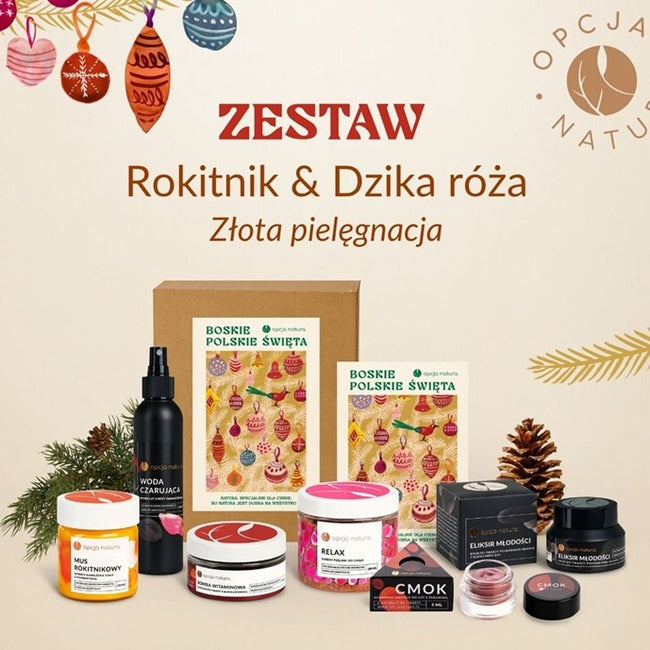 Opcja Natura Boskie Polskie Święta zestaw woda czarująca 100ml + słodki peeling do ciała 200ml + ochronne masło do ust z żurawiną 5ml + eliksir młodoścI 50ml + mus rokitnikowy do ciała 120ml + maseczka do twarzy z glinką czerwoną 100ml