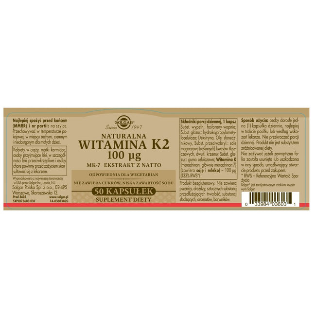 Solgar Naturalna Witamina K2 100 µg suplement diety 50 kapsułek