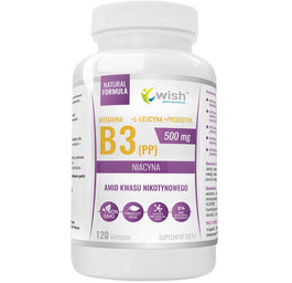 WISH Pharmaceutical Witamina B3 (PP) 500mg + L-leucyna + Prebiotyk suplement diety 120 kapsułek
