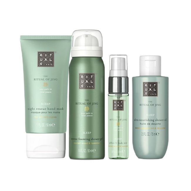 Rituals The Ritual of Jing zestaw pianka pod prysznic 50ml + maska do rąk 50ml + mgiełka do pościeli i ciała 20ml + olejek pod prysznic 75ml