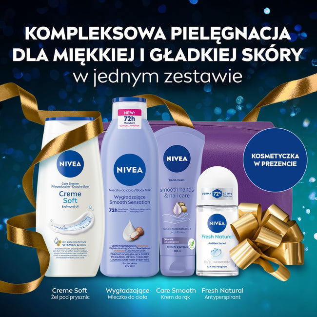 Nivea Beauty Collection zestaw żel pod prysznic 250ml + wygładzające mleczko do ciała 250ml + wygładzający krem do rąk 100ml + antyperspirant roll-on 50ml