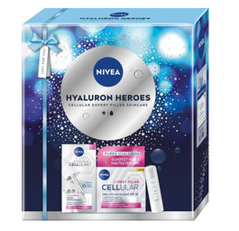 Nivea Hyaluron Heroes zestaw serum wypełniające 15ml + krem anti-age na dzień SPF30 50ml + nawilżający balsam do ust 4.8g