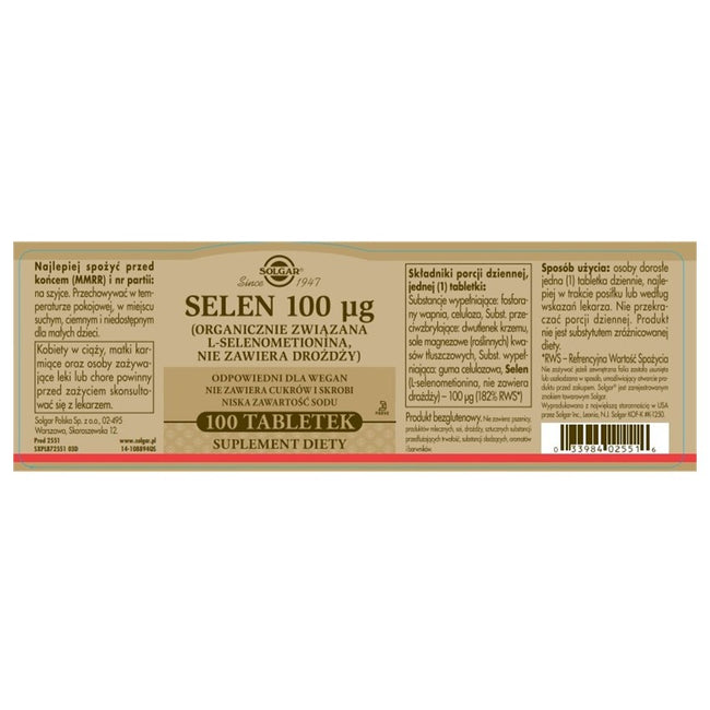 Solgar Selen 100mcg suplement diety 100 tabletek