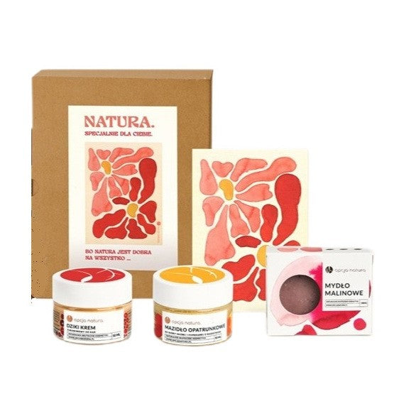 Opcja Natura Natura zestaw mydło malinowe 100g + dziki krem żurawinowy do rąk 50ml + mazidło opatrunkowe do skóry suchej i popękanej z nagietkiem 50ml