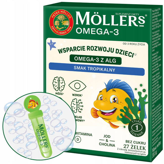 Möller's Omega-3 Rybki żelki z kwasami omega-3 i witaminą D3 dla dzieci Tropikalne 27szt. + bańki mydlane