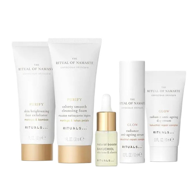 Rituals The Ritual of Namaste zestaw pianka oczyszczająca 30ml + peeling do twarzy 30ml + krem na dzień 10ml + serum 10ml + booster z bakuchiolem 4ml