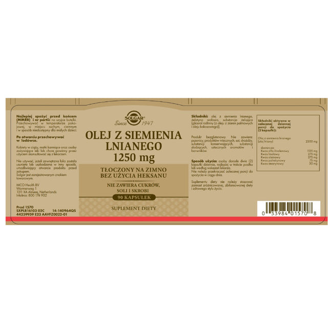 Solgar Olej z siemienia lnianego 1250mg suplement diety 90 kapsułek