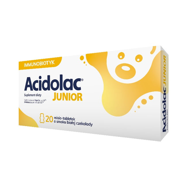 Acidolac Junior suplement diety wspierający odporność dzieci Biała Czekolada 20 misio-tabletek