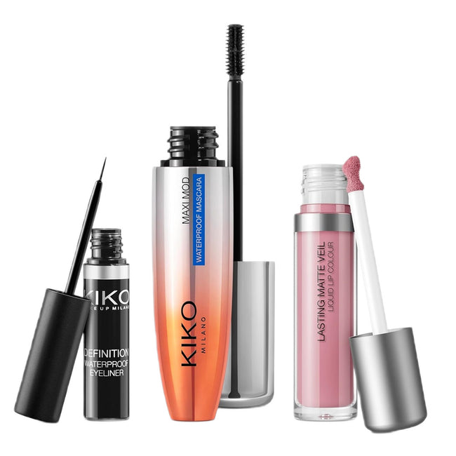 KIKO Milano Unmissable Make Up Set zestaw tusz do rzęs 12ml + wodoodporny eyeliner 4.5ml + matowa pomadka w płynie 4ml