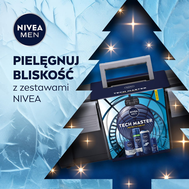 Nivea Men Tech Master zestaw żel pod prysznic 3w1 250ml + ochronna pianka do golenia 200ml + nawilżający balsam po goleniu 100ml + antyperspirant roll-on 50ml
