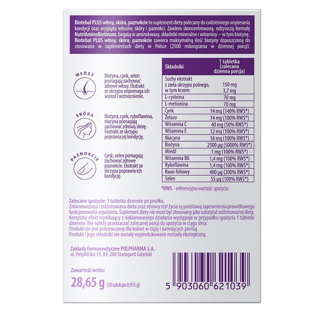 Biotebal Plus włosy skóra paznokcie suplement diety 30 tabletek